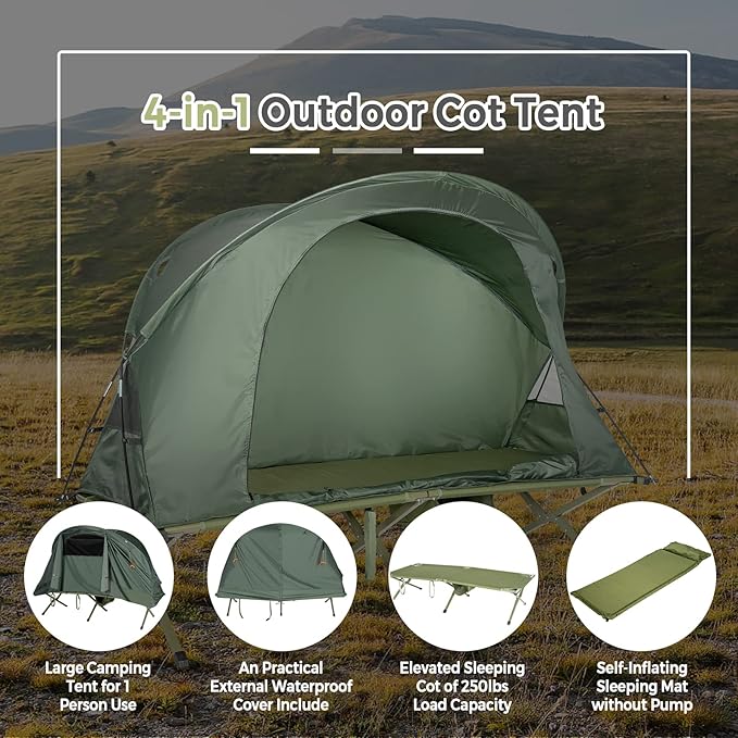 Tangkula 4-in-1 Camping Cot Tent Set Foldable Off Ground Elevated Tent for 1 Person Portable with Waterproof External Cover Air Mattress &amp Carrying Bag Ideal for Outdoor Hiking Camping