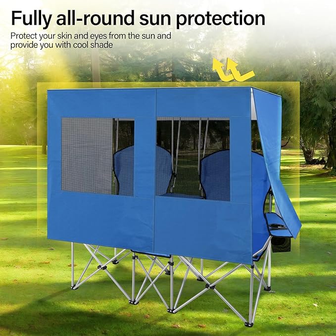 BDL Double Camping Chair with Canopy Two Person Folding Loveseat with Shade Heavy Duty Beach Chair with Cooler Bag Cup Holder for Outside Fishing Sports Beach-Sky Blue
