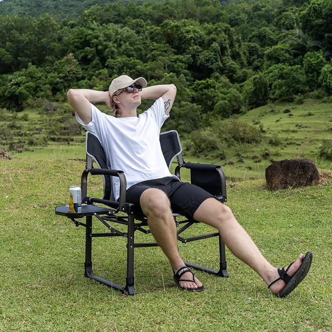 SUNNYFEEL Oversized Camping Directors Chair Black Portable Folding Chair for Adults Support 600lbs with Side Pocket and Side Table for Beach Fishing Trip Picnic Lawn Outdoor Foldable Camp Chairs