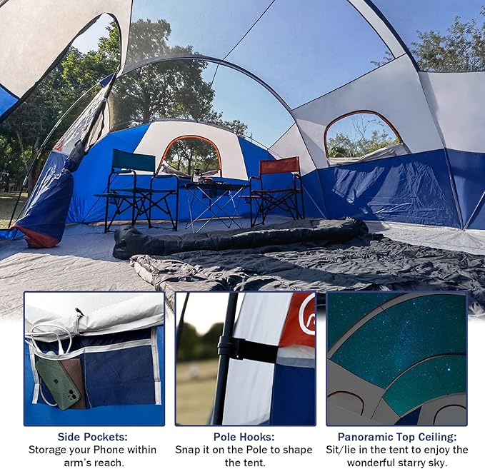 HIKERGARDEN 10 Person Camping Tent - Portable Easy Set Up Family Tent for Camp Windproof Fabric Dome Tent Outdoor for Hiking Backpacking Traveling-14'x11'x74in(H)