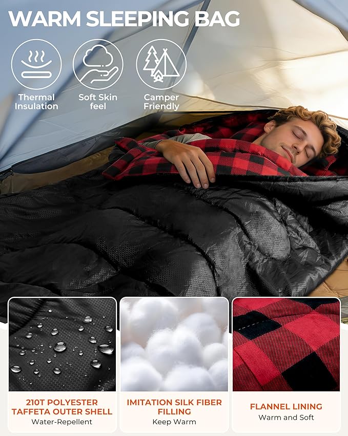 Sportneer 0 Degree Sleeping Bag for Cold Weather XL Winter Sleeping Bag for Adults Flannel Lined Camping Sleeping Bag 32°F–59°F Rated 87 x 33.5 4.4 lbs Detachable Hood Compression Sack