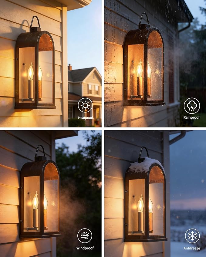 Outdoor Wall Light Fixtures 2-Light Porch Lights Outdoor Matte Bronze Exterior Waterproof Wall Sconce with Glass Shade Outside Lantern for House Garage Doorway Patio Entryway E12 Socket