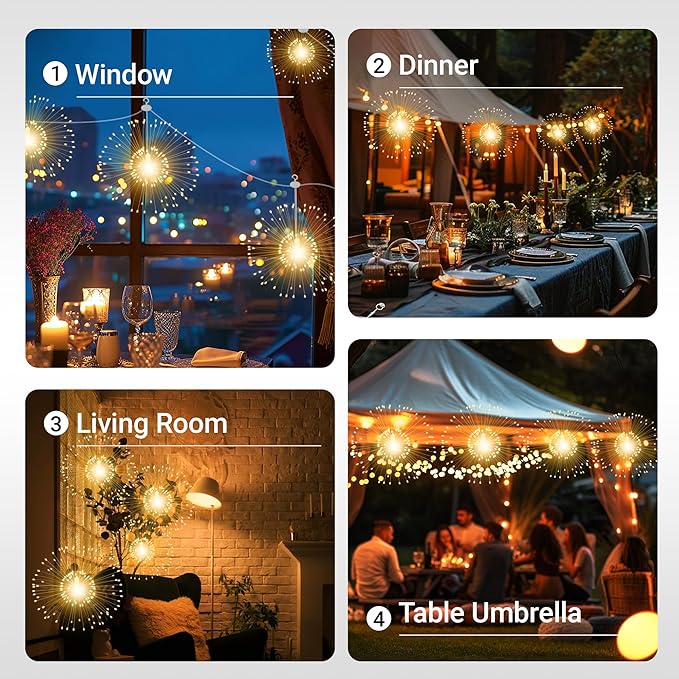 WIND STAR Firework Lights Hanging 480 LED Rechargeable Starburst Fairy String Lights for Patio Backyard Bedroom Party Wedding Decor 2 Pack