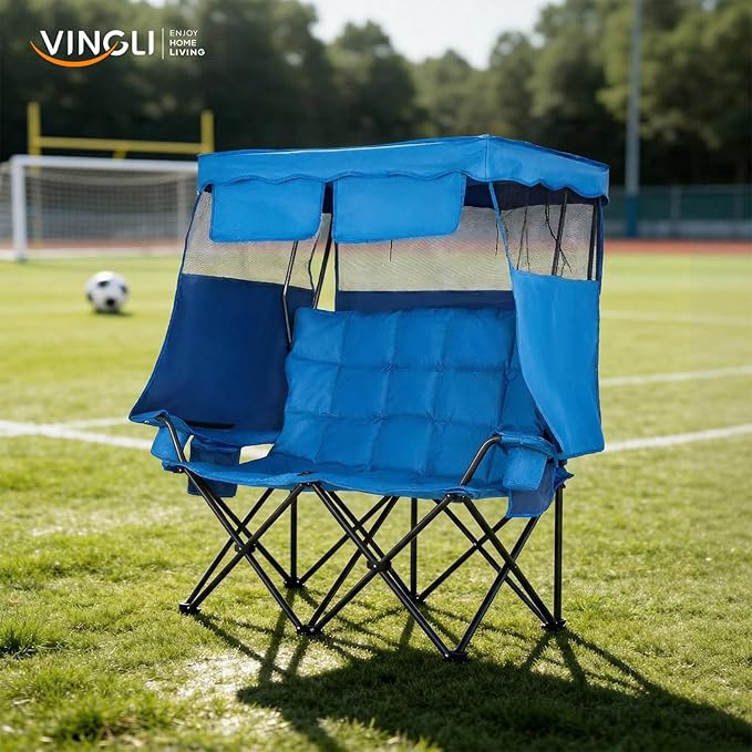 VINGLI Oversize Double Camping Chair with CanopyBeach Chair with Canopy Shade Portable Camping Loveseat with 2 Storage Bags for Outdoor Soccer Sport Events Beach or Camping