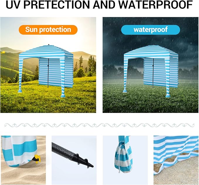 Nice C Beach Cabana Tent - Portable 6'x 6' with Detachable Wall UPF 50+ UV Protection Ultimate Sun Umbrella Sun Shelter (Blue Stripe)