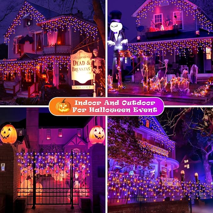 Heceltt 131FT 1280LED Halloween Lights DecorationOrange Purple Led String Lights Outdoor with 240 Drops8 Lighting ModesTimer Memory Function for Halloween Night Party Fence Yard Roof Decor