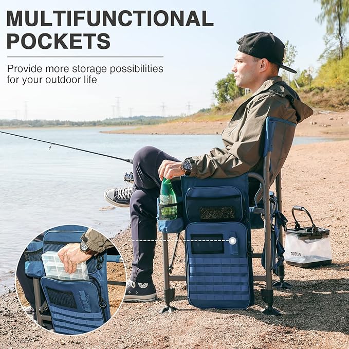 EVER ADVANCED Fishing Chair with Rod Holder and Cooler All Terrain Ice Fishing Chair with Adjustable Feet Mesh Back Folding Camping Chair with Shoulder Strap Heavy Duty Supports 350LBS