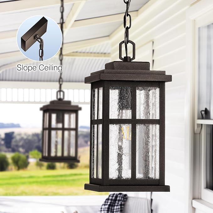 VIANIS Large Outdoor Pendant Lights for Porch Oil Rubbed Bronze Farmhouse Hanging Porch Lights Outdoor with Tempered Glass Anti-Rust Waterproof Exterior Chandelier for Patio with Adjustable Chain