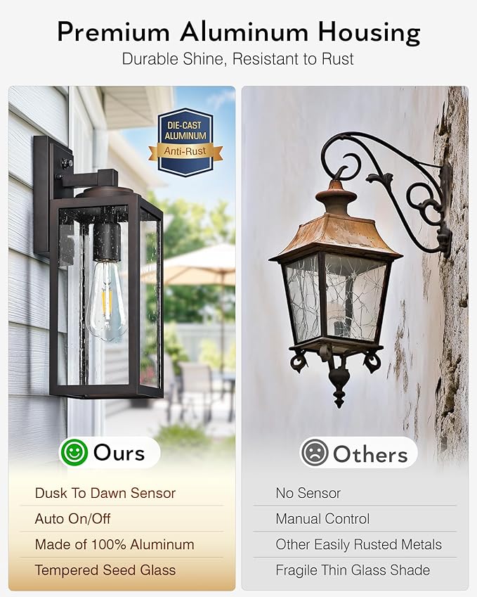 VIANIS 14.5 Outdoor Light Fixture Oil Rubbed Bronze Dusk to Dawn Outdoor Lighting Porch Lights with Tempered Seed Glass Outside Lights for House Porch Waterproof Anti-Rust 2 Pack