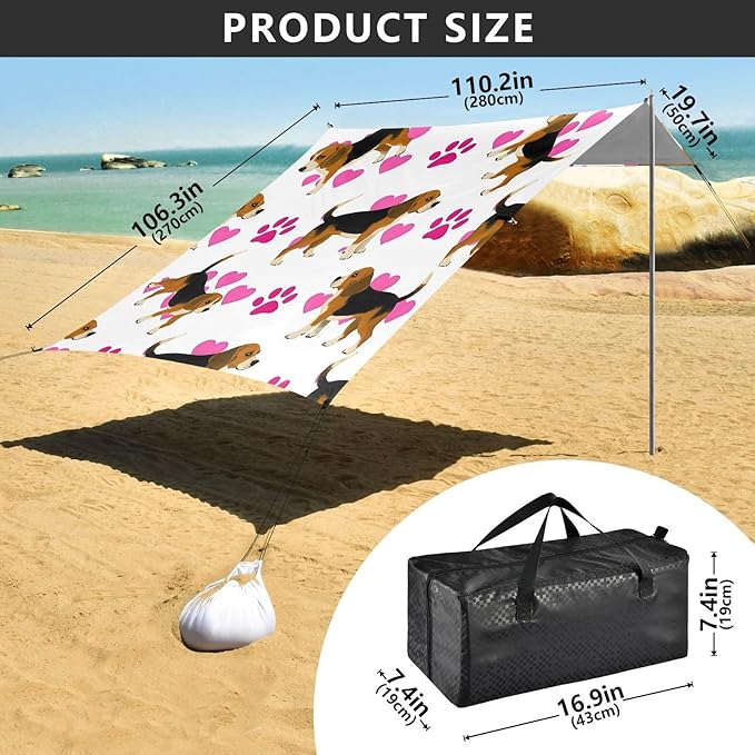 Beach Tent Sun Shelter Puppy Pink Footprints Lightweight &amp Easy Setup Beach Shade Canopy for Camping Fishing