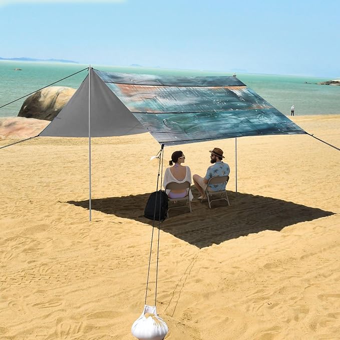 Teal Color Wood Pattern Beach Tent Sun Shelter 9.2' x 10.5' Beach Canopy with 4 Sandbags 4 Stability Poles Sand Shovels - Tent Canopy for Beach Camping Fishing Picnics