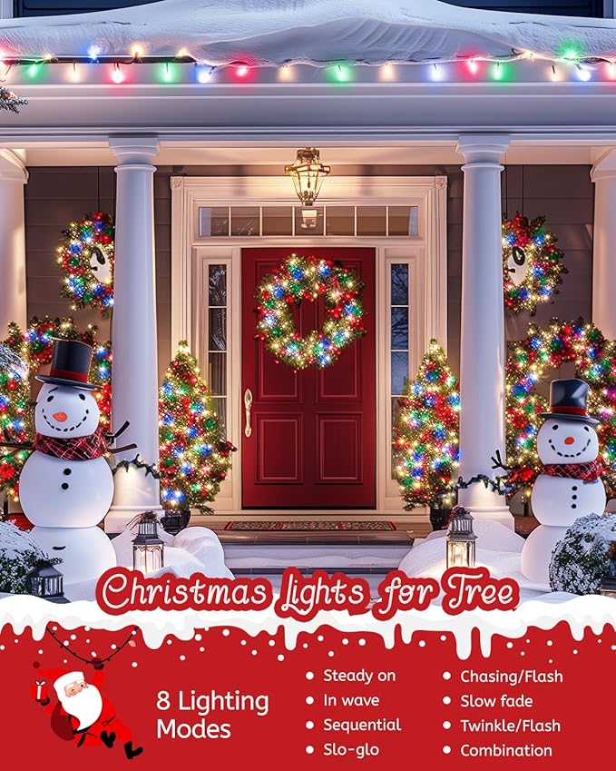 Minetom Christmas Tree Lights 66ft 200 LED Outdoor Christmas Lights with Remote 8 Modes String Lights Plug in with Timer for Outside Party Decor Warm White &amp Multicolor