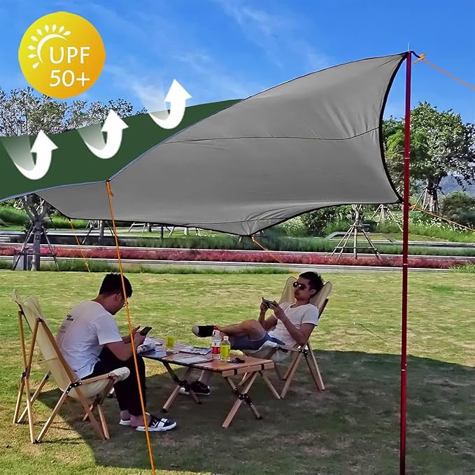 16x16 ft Large Camping Tarp Waterproof Hammock Rain Fly Camping Awning Sun Shelter (Without Pole) (Green)