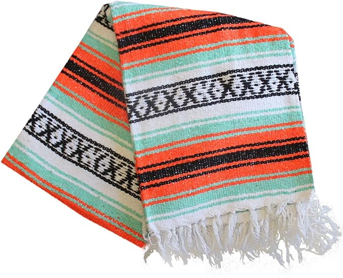 Del Mex Classic Mexican Blanket Large Authentic Woven Falsa Throw (70x50) Artisan Southwest Décor for Beach Yoga Outdoors (Mint/Orange)
