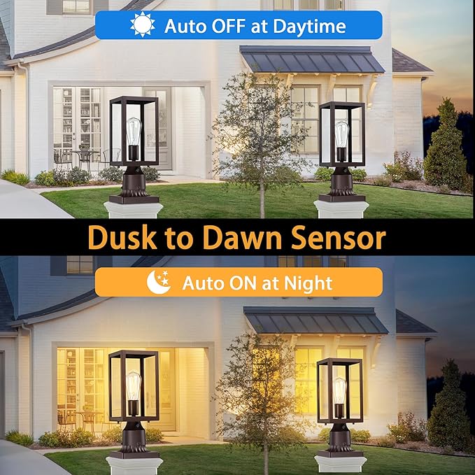 Dusk to Dawn Outdoor Post Lights with Pier Mount Base 2-Pack Modern Lamp Post Light Fixture Waterproof Pole Lights Outdoor Column Lights Exterior Post Lantern with Clear Glass for Garden Patio Brown