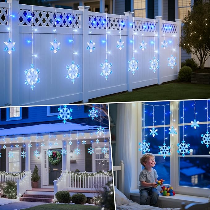 13 Ft 192 LED Snowflake Christmas Icicle Lights with 16 Drops 8 Modes and Timer IP65 Waterproof Connectable for Indoor Outdoor House Window Blue and White