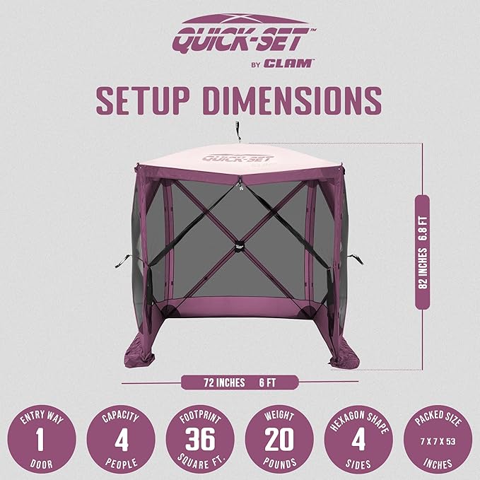 CLAM Pop-Up Screen Tent 6' x 6' Outdoor Camping Gazebo Portable 4-Sided Canopy with Ground Stakes &amp Carry Bag Traveler Plum