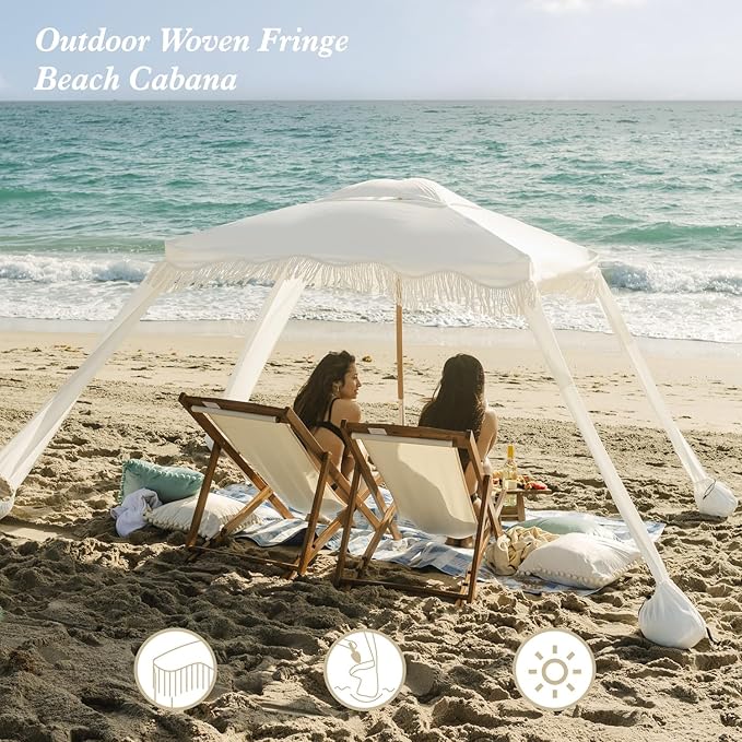 AMMSUN Beach Cabana with Fringe 6.5' x 6.5' Boho Beach Canopy with Tassels Easy Set up &amp Premium Wood Pole Cabana Tent with Sand Pockets Instant Sun Shade for Sand Garden Patio Elegant Whit