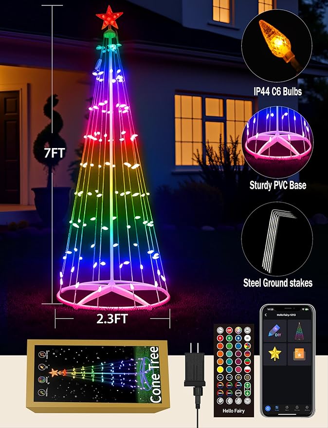 7ft Smart RGB Outside Christmas Tree Lights App Remote-Controlled C6 Shaped Christmas Light Cone Tree with Music Sync 57 Lighting Effects + DIY Mode Easy install Outdoor Xmas New Year Yard Decor