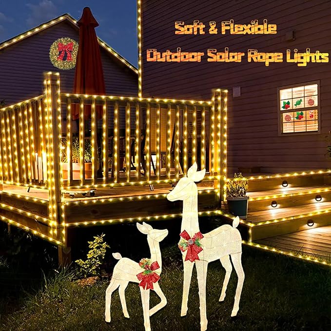 YEGUO Solar Valentines Light Outdoor Waterproof 66ft 200 LED Warm White Rope Lights 8 Modes Tube Christmas String Lights in Clear Thin Tube