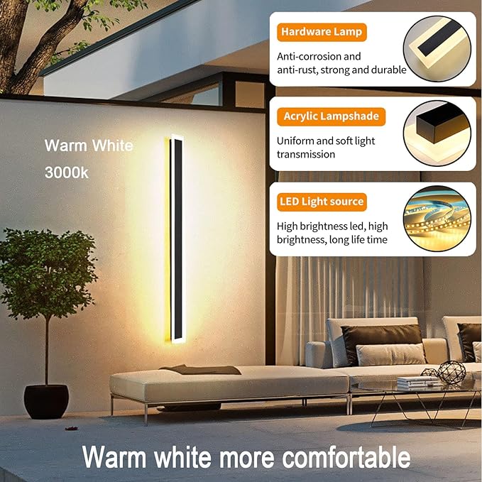 59INCH-2Pack Long Outdoor LED Wall Lights45W Waterproof IP65 Warm White 120V LED Wall Mount Light Fixture Acrylic Black Exterior Wall Lights for House Courtyard Balcony Wall
