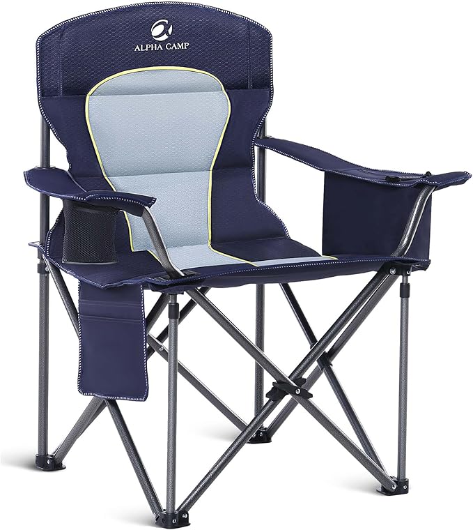 ALPHA CAMP Heavy Duty Camping Chair 500LBS Capacity Oversized Folding Chair for Heavy People Padded Portable Outdoor Chair with Cooler Bag &amp Cup Holder for Camping Fishing Beach