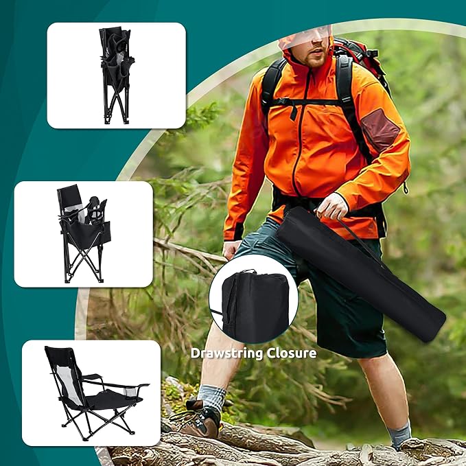 HaSteeL Folding Beach Chair Set of 2 Foldable Black Camping Chairs for Outside Low Beach Chair Portable for Adults Fishing Picnic Outdoor BBQ Travel Sports Cup Holder &amp Storage Bag