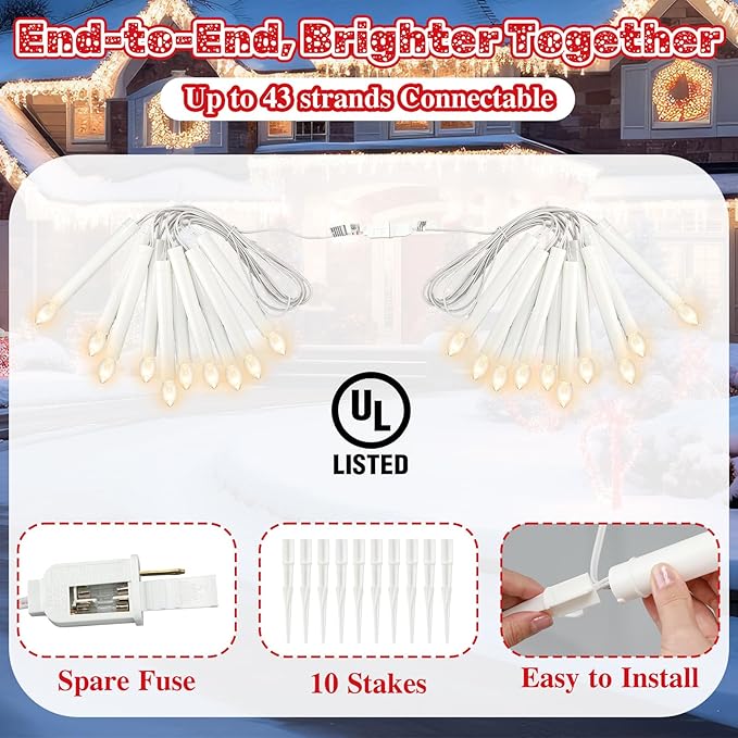 10 Pcs Christmas C7 Pathway Lights Outdoor Candle Lights with Stakes 19.5 ft Pathway Candles with 12 Pcs C7 Bulb for Outside Yard Driveway Sidewalk Decorations