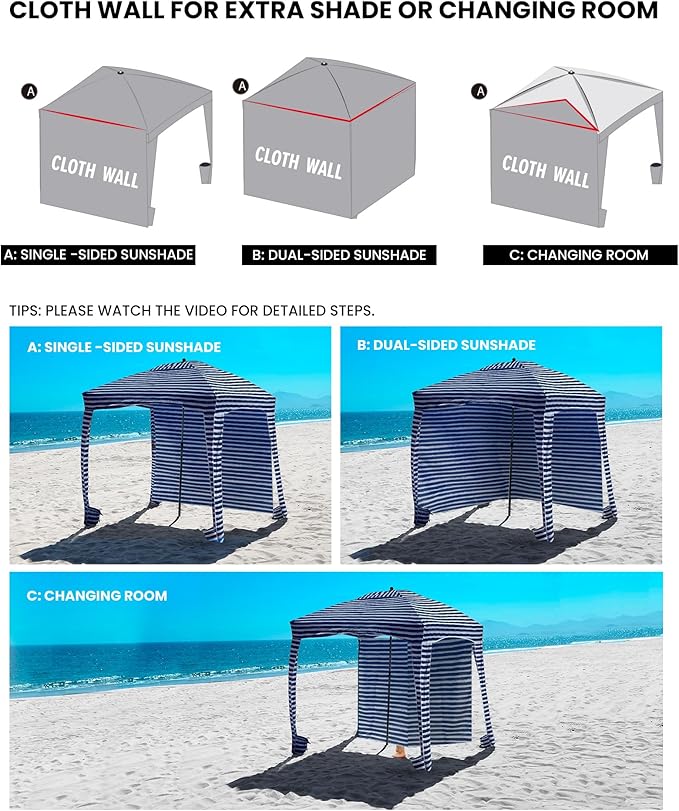 Qipi Beach Cabana - Easy to Set Up Canopy Waterproof Portable 6' x 6' Beach Shelter Included Side Wall Shade with UPF 50+ UV Protection for Kids Family &amp Friends