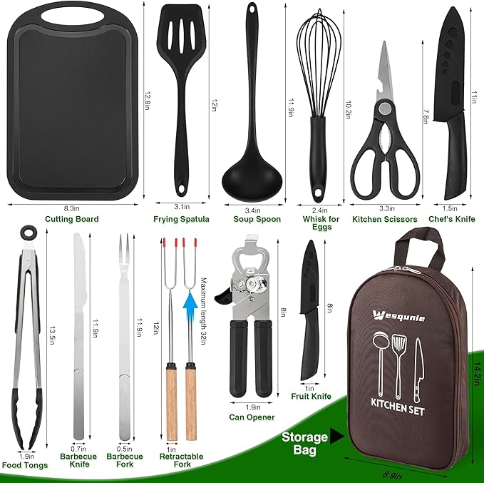 Camping Essentials Cookware Cooking Utensils Set - Portable Camp Kitchen Mess Kit Outdoor Accessories Stainless Steel &amp Silicone Camping Gear Equipment for RV Picnic Grill Brown