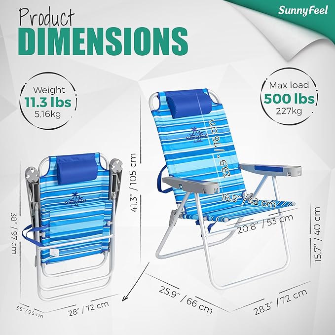 SUNNYFEEL 17 Tall Oversized Beach Chairs 2 Pack for Adults Heavy Duty 500 LBS 5 Position Portable High Folding Camping Chair with Cup Holder for Outdoor/Lawn/Trip Foldable Sand Chairs for Adults
