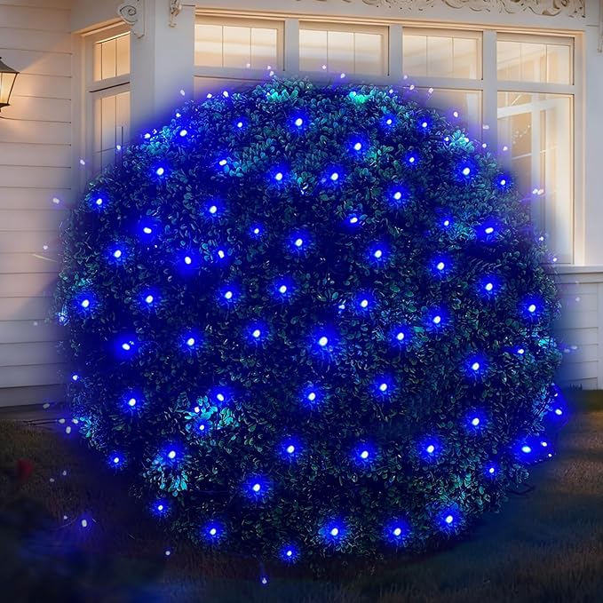 LED Christmas Net Lights Outdoor UL Certified 144LED 6ftx6ft Green Wire Connectable Waterproof Mesh Light for Christmas Party Yard Shrubs and Bushes Decorations (Blue)