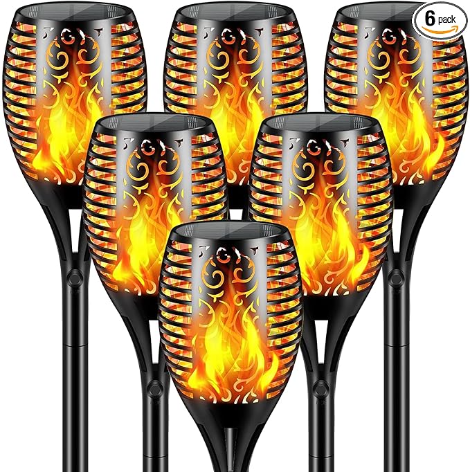 Solar Lights Outdoor 99 LED Higher &amp Larger Flickering Flame Solar Torch Light 43 Waterproof Outdoor Lighting Solar Powered Pathway Lights Christmas Decorations for Garden Patio Yard (6Pack)