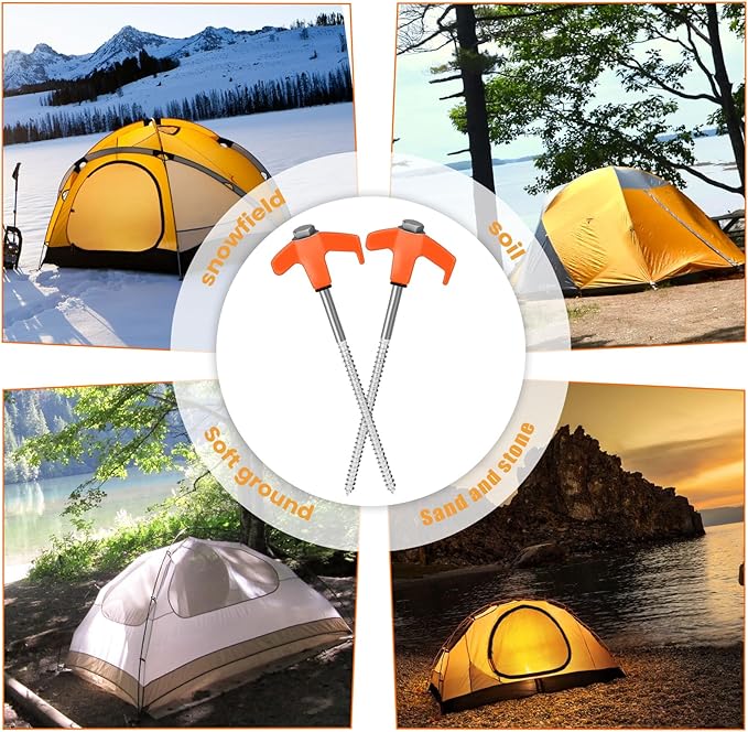 12 Pack 8 Screw in Tent Stakes Heavy Duty- Ground Anchors Screw- Tent Pegs Camping Stakes- Hex Pegs Drillable Tent Stakes and Hexagon Head Drive and Storage Box (Orange)