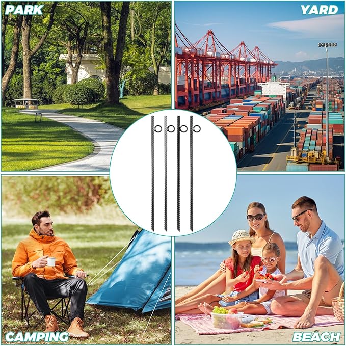 12 Pack 17 Inch Rebar Stakes Heavy Duty Ground Anchors with Loop 3/8 Thick Black Steel Tent Stakes for Trampoline Fencing Camping &amp Trees Rust Resistant Metal Spikes