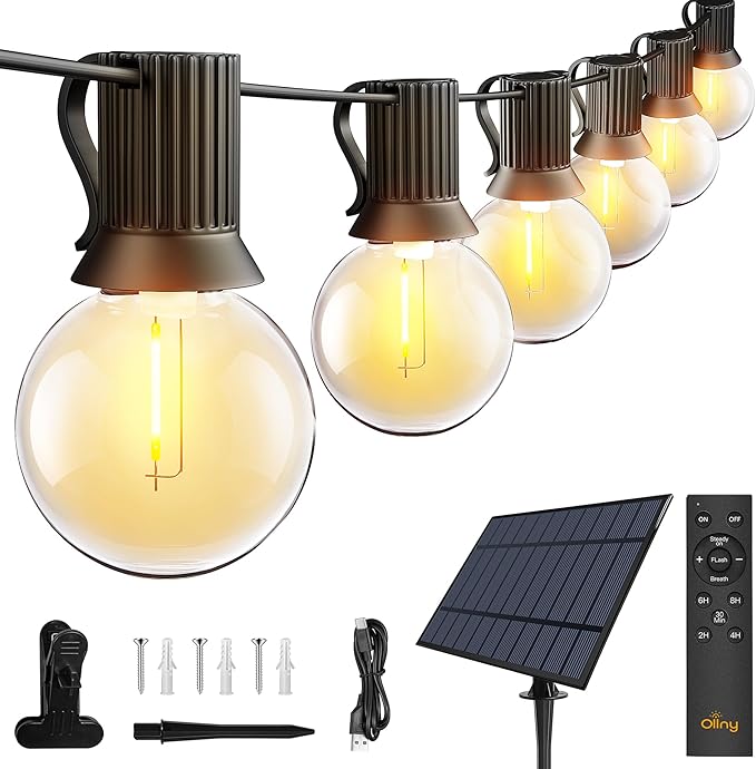 Ollny 35FT Solar Patio Lights Waterproof Remote Control Dimmable Timers 3Modes Outdoor Light with 15 LED + 1 Spare Shatterproof Bulb G40 String Lights for Outside Camping Backyard Tree Bistro