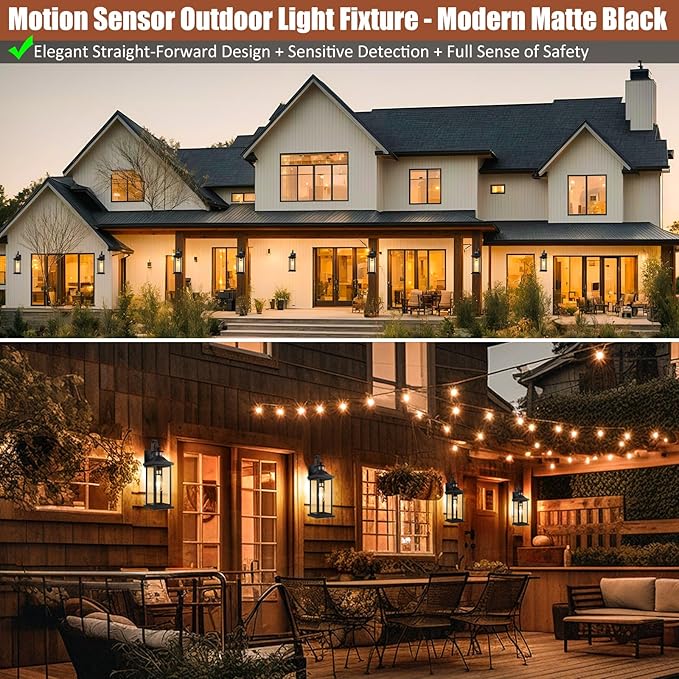 1-Pack 18 Inch Motion Sensor Front Porch Light IP65 Waterproof Large Black Dusk to Dawn Outdoor Wall Lighting for House Exterior Light Fixture Clear Glass Garage Coach Light E26 Bulb Base