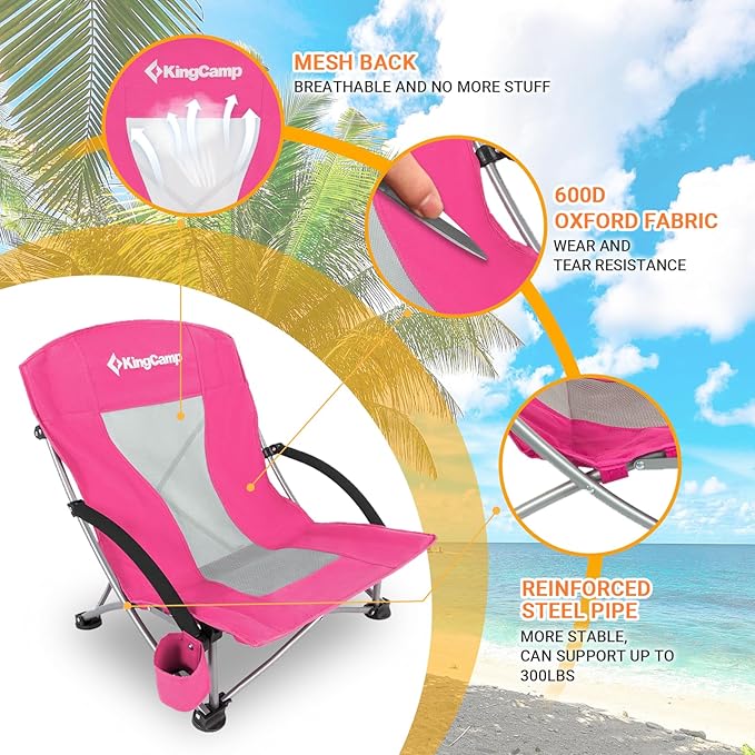 KingCamp Low Beach Chair 2 Pack Folding Portable Lightweight Backpack Chair for Adults with Cup Holder Pocket Carry Bag for Outdoor Camping Concert Festival Travel Sports Lawn Sand Rose