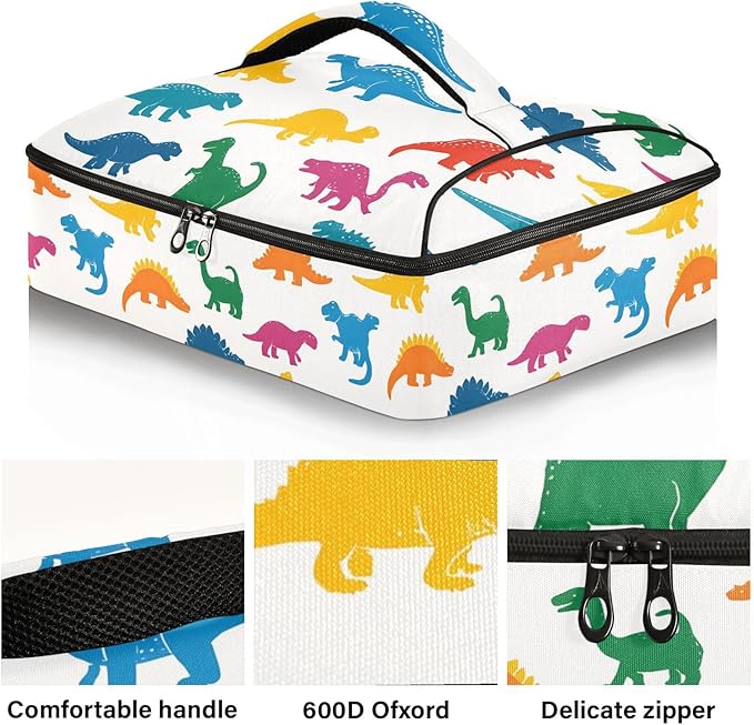 Casserole Carrier Cartoon Dinosaur PrintInsulated Casserole Carrier for Hot or Cold Food Thermal Lunch Tote for Potluck Parties Picnic Beach Fits 9 x 13 Inches Baking Dish