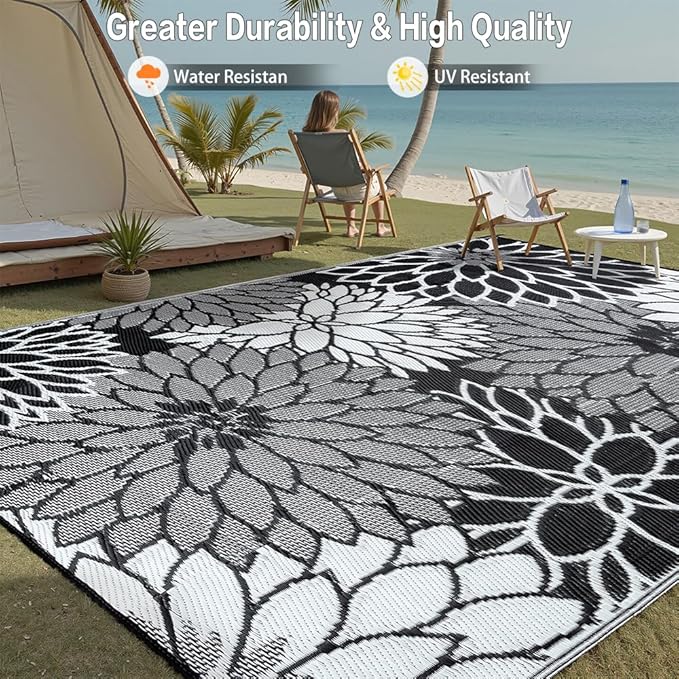 HUGEAR 8'x10' Outdoor Rug Waterproof Plastic Straw Rugs Large Black Reversible Floral Mat Floor Carpet for Camping RV Deck Entryance Porch Picnic Balcony Beach Backyard