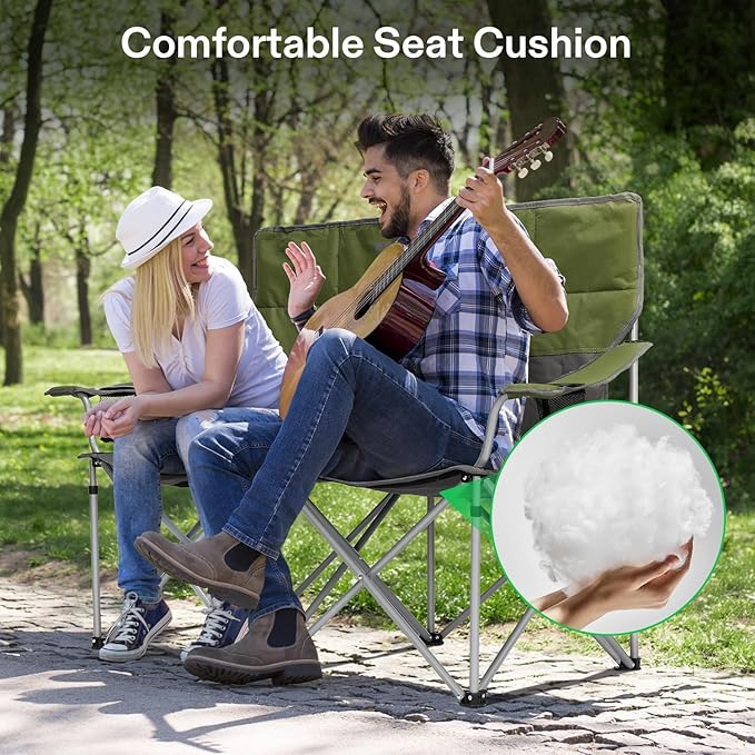 [outlets]VIVOSUN Double Camping Chair Fully Padded Folding Loveseat Portable Oversized Duo Chair with Storage Cup Holders Height-adjustable Armrests &amp Carry Bag Supports up to 500lbs Green &a