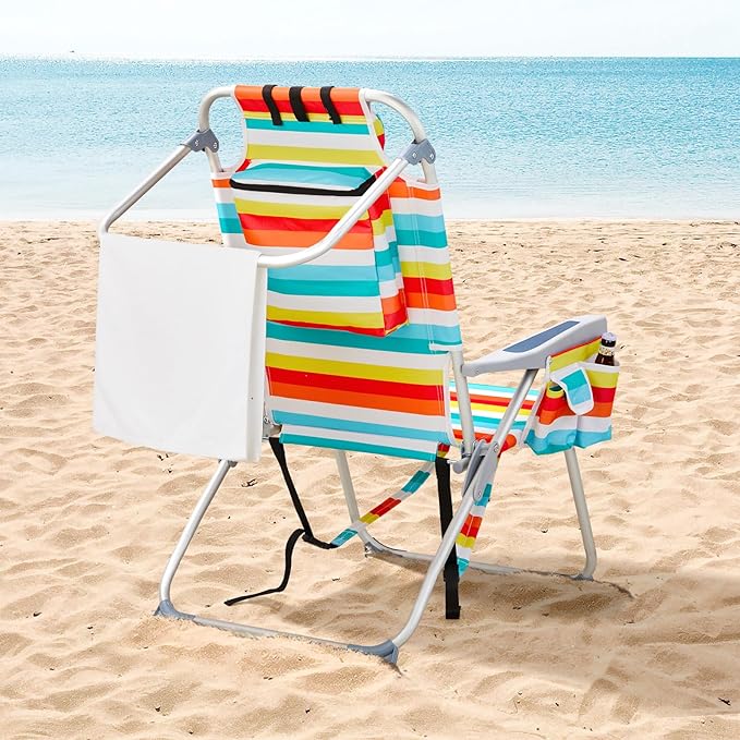 Folding Backpack Beach Chairs Portable 5-Position Aluminum High Beach Chairs for Adults with Storage Pouch Towel Bar (Rainbow Stripes)