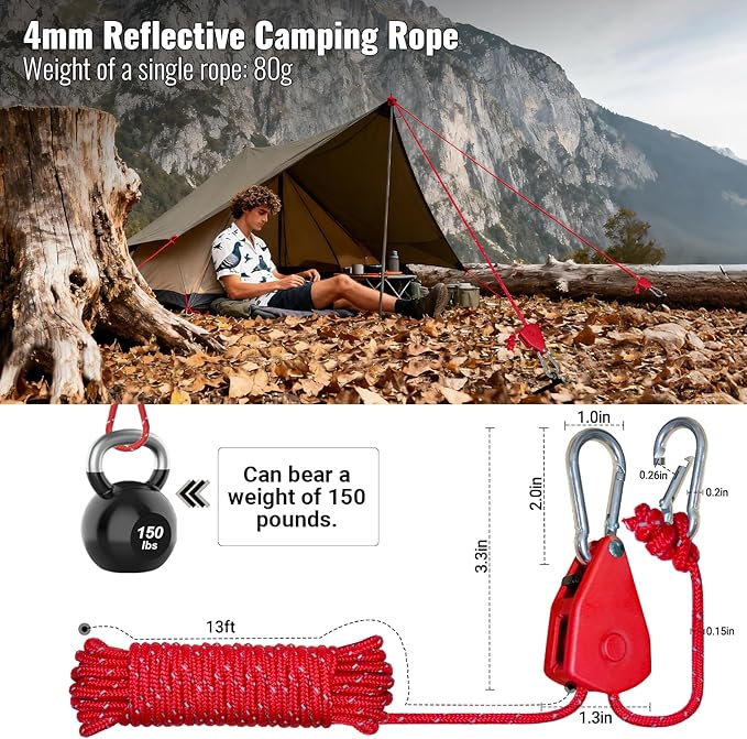 Camping Rope Reflective Tent Rope Guyline with Ratchet Pulley Tarp Tie Down Ropes for Tent Tarp Canopy Shelter Camping 13ft Adjustable Guy Line for Canopy Tent 4 Pack Guy Lines Tents Cords