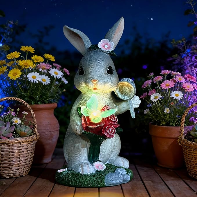 Solar Garden Decor Rabbit with Butterfly Statues Outdoor Outdoor Figurine Statue Lights Outdoor Garden Yard Lawn Patio Decoration Unique House Warming Birthday Present for Women Family