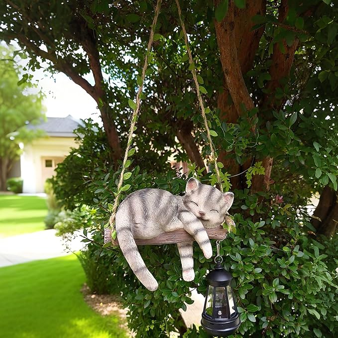 Solar Lighted Garden Outdoor Statue 22.6 H Hanging Swing Lying with A Sleeping Cat and A LED Lantern Resin Animal Figurine Hanging Ornaments with Hook for Decoration &amp Gift