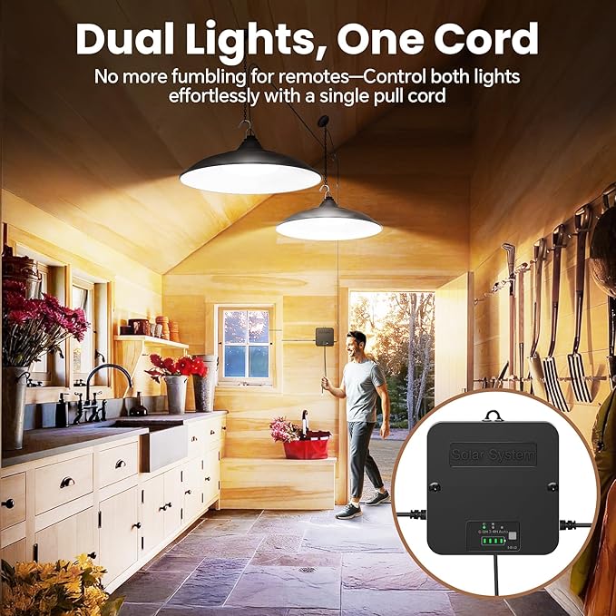 Solar Shed Light Indoor Outdoor Dual Lamp 2000LM Daytime Available Pendant Light with Pull String Dusk to Dawn 3 Lighting Modes Solar Lights Indoor Waterproof for Barn Gazebo Shop Garage