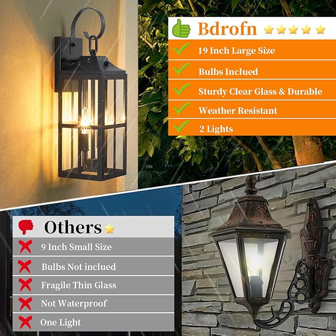 2 Pack 19 Large Outside Modern Wall Sconce Light Fixture Industrial Porch Light Wall Mount with Glass Waterproof Farmhouse Exterior Lamp Lighting Bulbs Included
