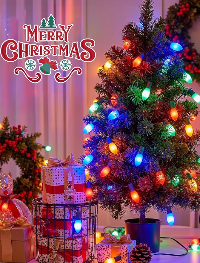 C9 LED Christmas String Lights 25FT Vintage String Lights with 27 C9 Multicolor Ceramic LED Bulbs Outdoor Hanging Christmas Lights for Xmas Tree Patio Party Roofline Decor - Green Wire