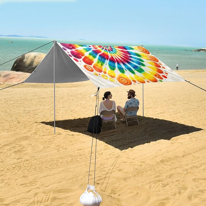 ALAZA Rainbow Swirl Tie Dye Beach Tent Sun Shelter UPF50+ Protection Beach Shade Canopy w/ 4 Sandbags for Outdoor Camping Fishing Backyard Fun Picnic 10x9 ft