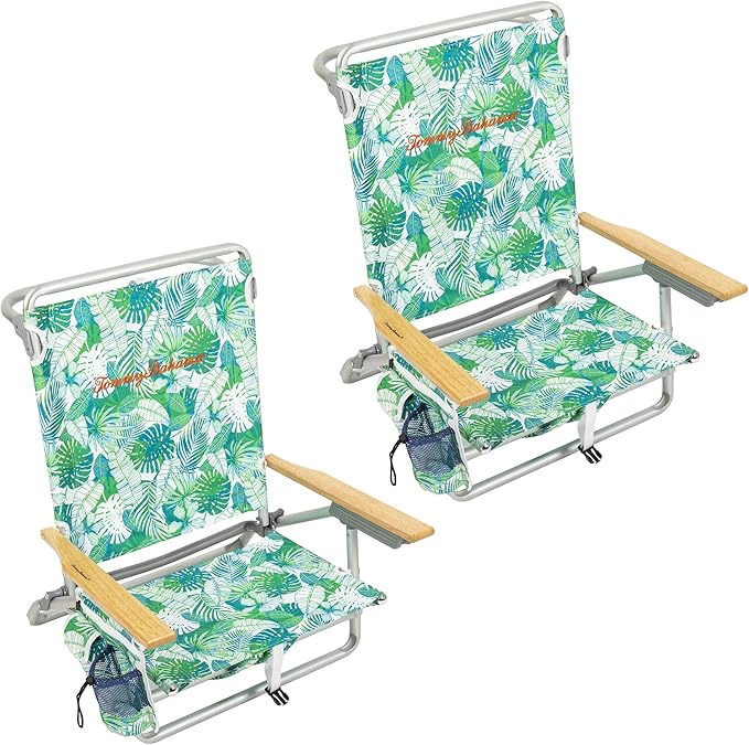 Tommy Bahama 2-Pack 5-Position Classic Lay Flat Backpack Beach Chair with Cooler and Cup Holder Portable Folding Beach Chair for Tanning Tropical Leaves